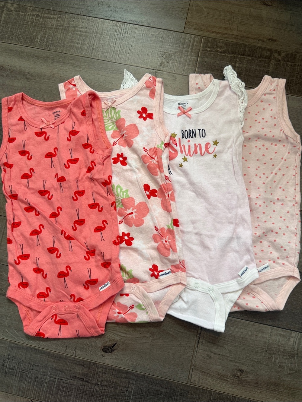 Gerber Pink Floral, Flamingo & Polka Dot Baby One-Piece Bodysuit Set
